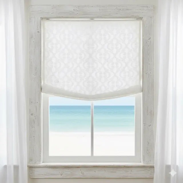 Window with Classic Woven Scroll Linen-Blend Sheer linen roman shade and view of ocean