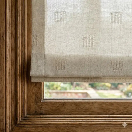 Beige roman shade with textured pattern on a wooden window frame