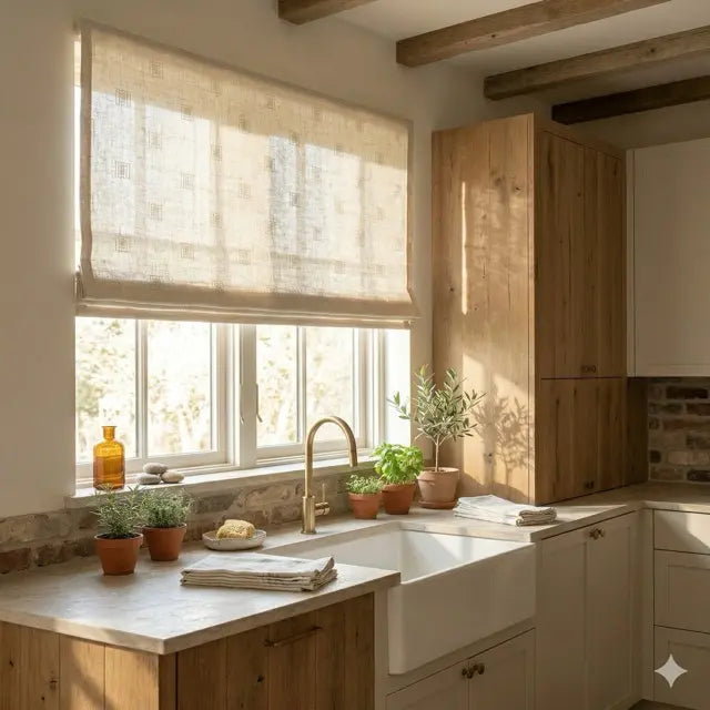 A kitchen with a neutral color palette, featuring a window with a beige roman shade. The kitchen has wooden cabinets, a white sink, and a gold faucet. Small potted plants sit on the countertop, adding a touch of greenery.