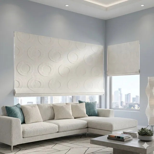 Modern living room with a sectional sofa, decorative pillows, and a blackout roman shade.