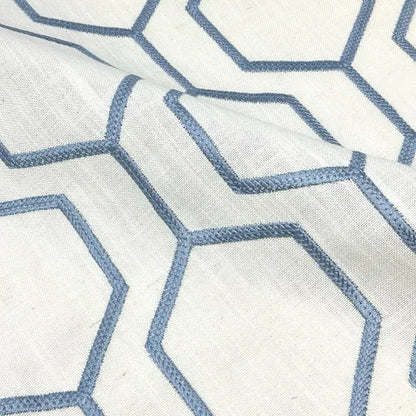 Embroidered Blue Hexagon Geometric Linen-Blend Fabric Flat Roman Shade, CL1144