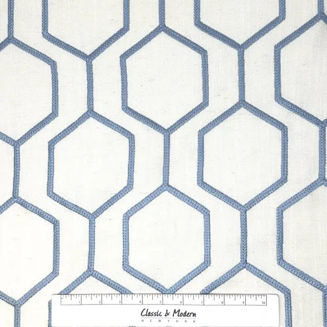 Embroidered Blue Hexagon Geometric Linen-Blend Fabric Flat Roman Shade, CL1144