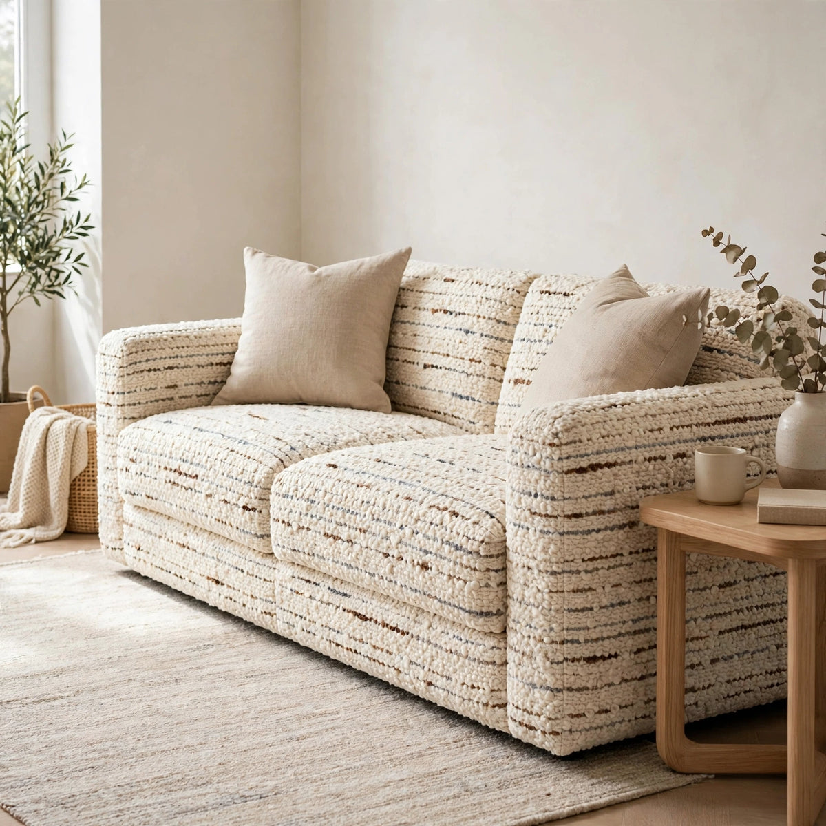 CL1150 linen fabric upholstering a sofa in a styled living room