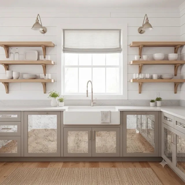 soft sheer linen flat roman shade Modern kitchen with wooden shelves, window above sink, and glass-front cabinets.