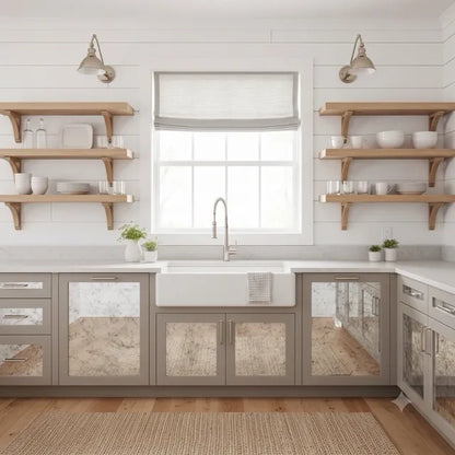soft sheer linen flat roman shade Modern kitchen with wooden shelves, window above sink, and glass-front cabinets.