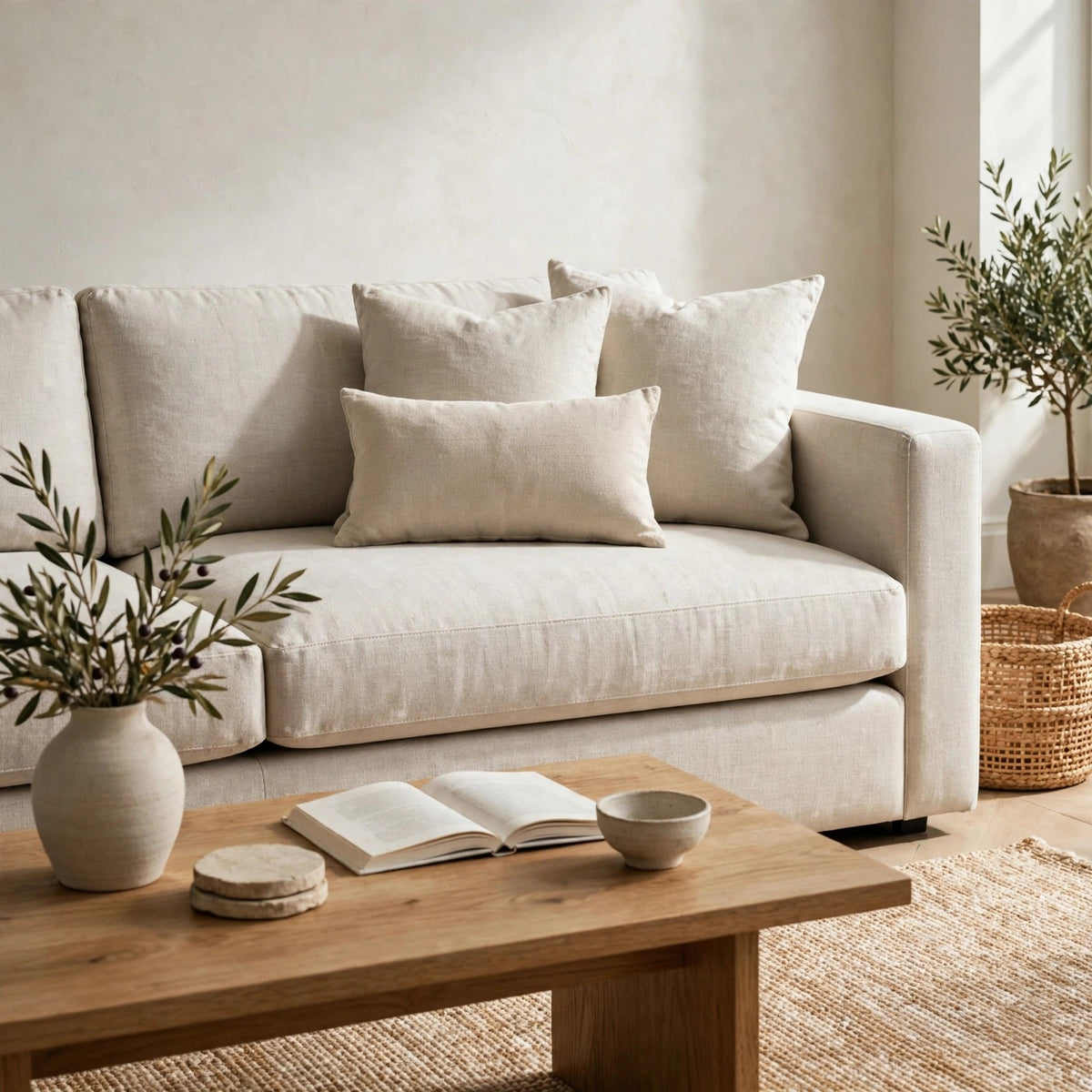 Stain resistant linen weave fabric in Light Oatmeal upholstering a sofa in a living room