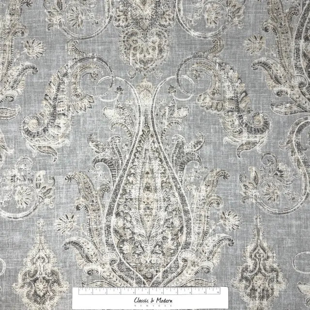 Vintage Damask Grey Linen Custom Flat Roman Shade, CL1188