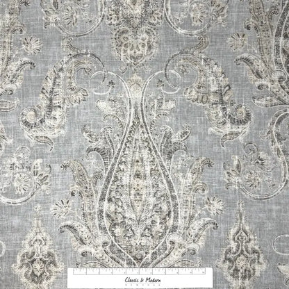 Vintage Damask Grey Linen Custom Flat Roman Shade, CL1188