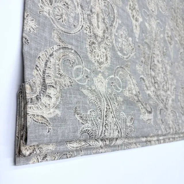 Vintage Damask Grey Linen Custom Flat Roman Shade, CL1188