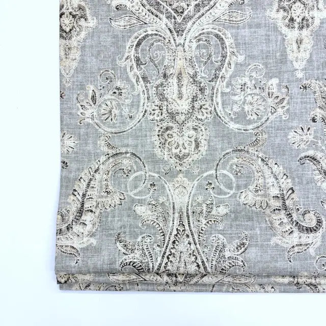 Vintage Damask Grey Linen Custom Flat Roman Shade, CL1188