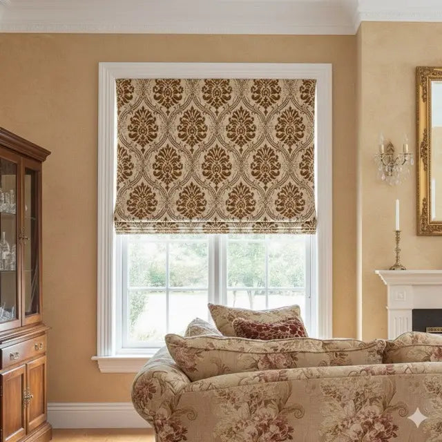 Living room with damask-patterned roman shade, sofa, and wooden cabinet.
