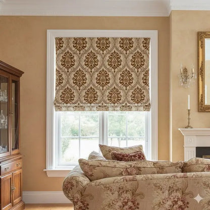 Living room with damask-patterned roman shade, sofa, and wooden cabinet.