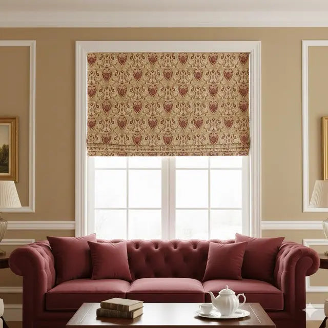 Living room with a red sofa, coffee table, and Classic Medallion Tapestry roman shade.