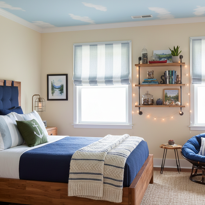 Cozy bedroom with wide striped linen flat roman shade, wooden bed, shelves, and decorative elements.