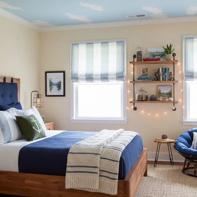 Bedroom with blue & white striped flat roman shade, wooden bed, blue bedding, and shelves with decor items.