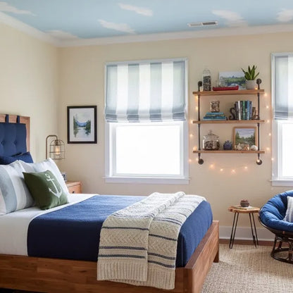 Bedroom with blue & white striped flat roman shade, wooden bed, blue bedding, and shelves with decor items.