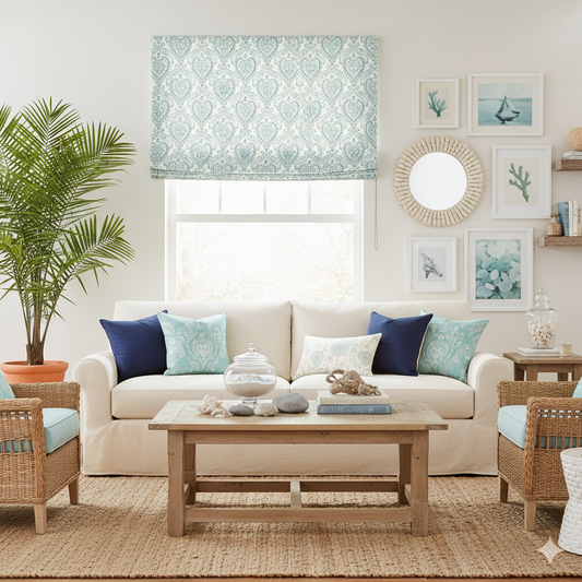 Living room with cotton duct flat roman shade, beige sofa, wooden coffee table, and decorative pillows.