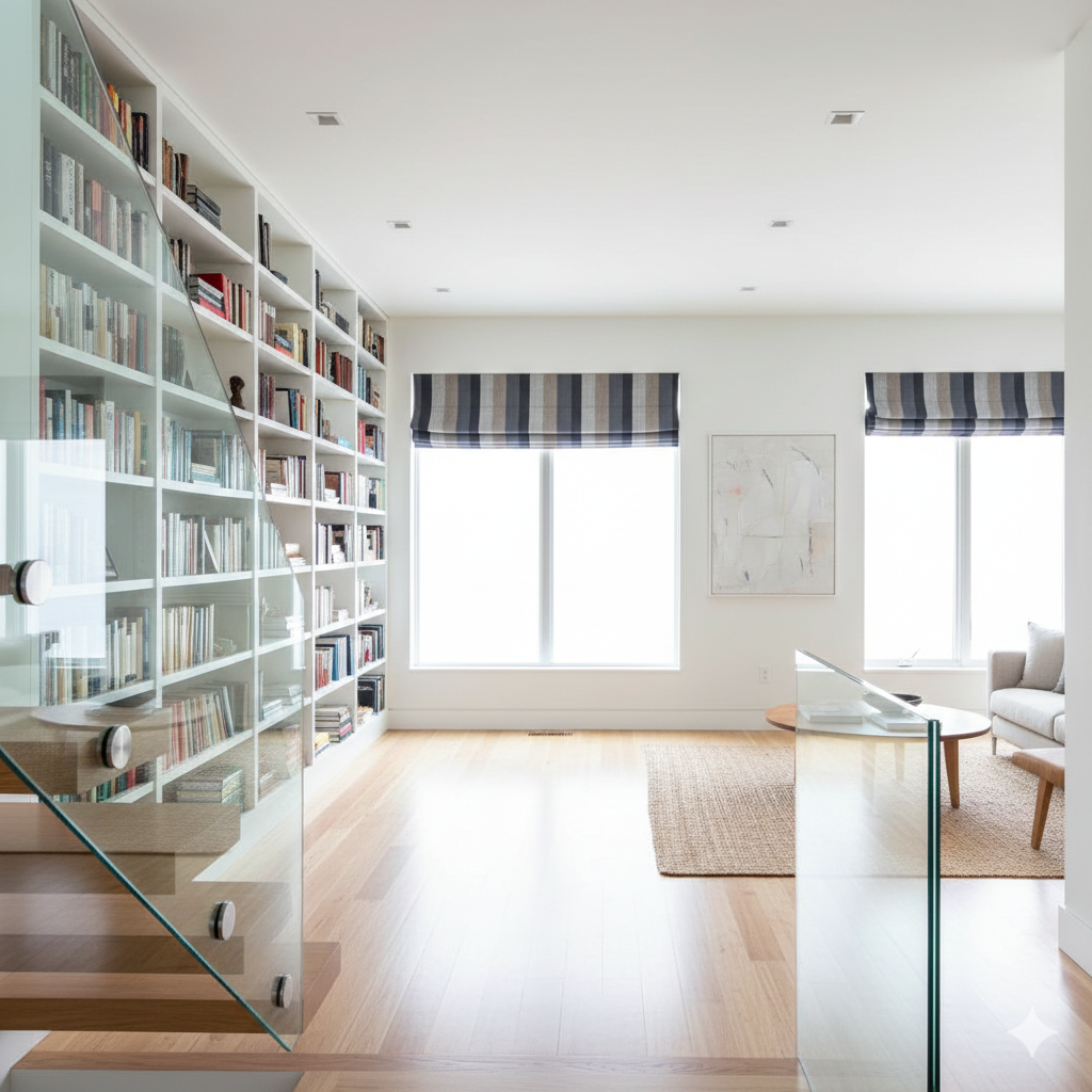 Modern living room with a large bookshelf, glass coffee table, and striped roman shade.