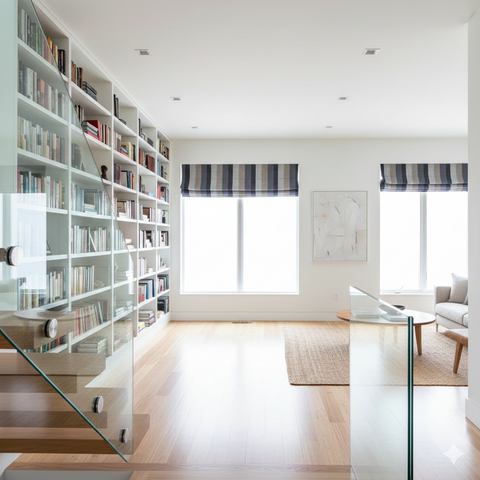 Modern living room with a large bookshelf, glass coffee table, and striped roman shade.