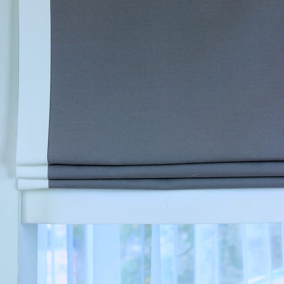 Grey 100% Natural Linen Flat Roman Shades with Banded White Decorative Trims/CL1010 - Classic & Modern Home