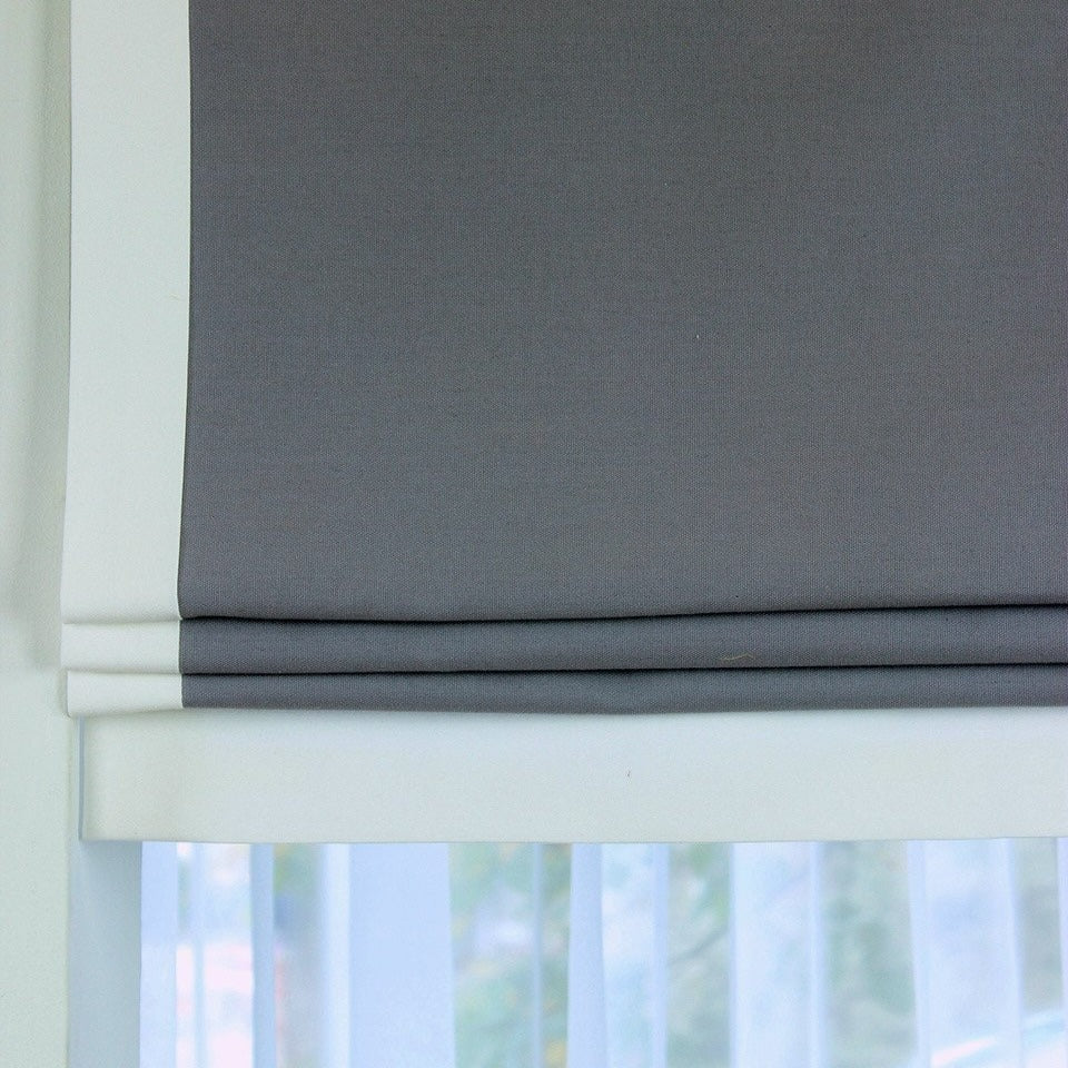 Gray 100% Natural Linen Flat Roman Shades with Banded White Trim/CL1010