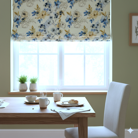 flowing floral printed flat roman shade in casual dining room in the morning.