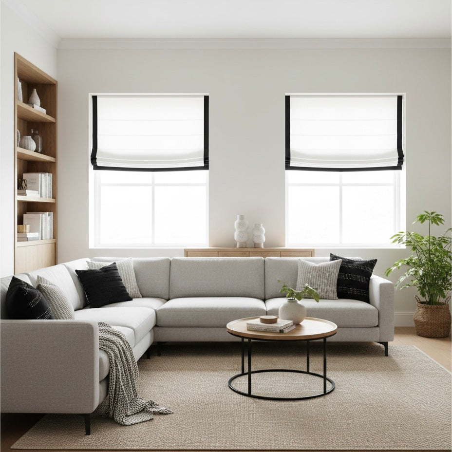 White Linen with Black Border Flat Roman Shade / CL1010 - Classic & Modern Home