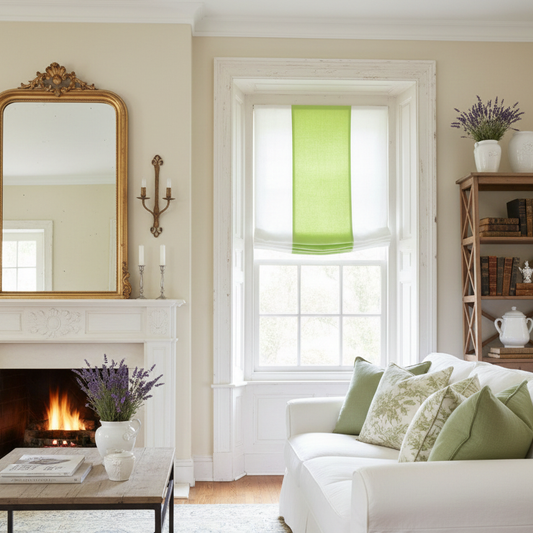 Living room with white sofa, fireplace, and window with green roman shade