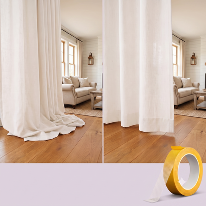 Before and after comparison of a curtain hemmed using a product with text indicating no sewing required and strong hold.