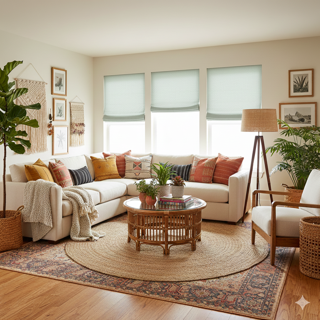Cozy living room with a beige sofa, wooden coffee table, and decorative roman shade