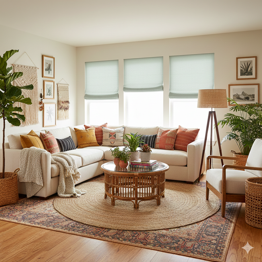 Cozy living room with a beige sofa, wooden coffee table, and decorative roman shade