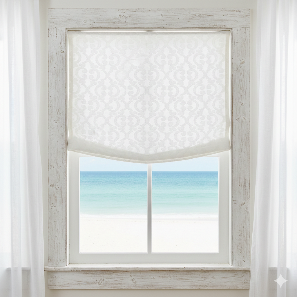 Window with damask linen roman shade and view of ocean