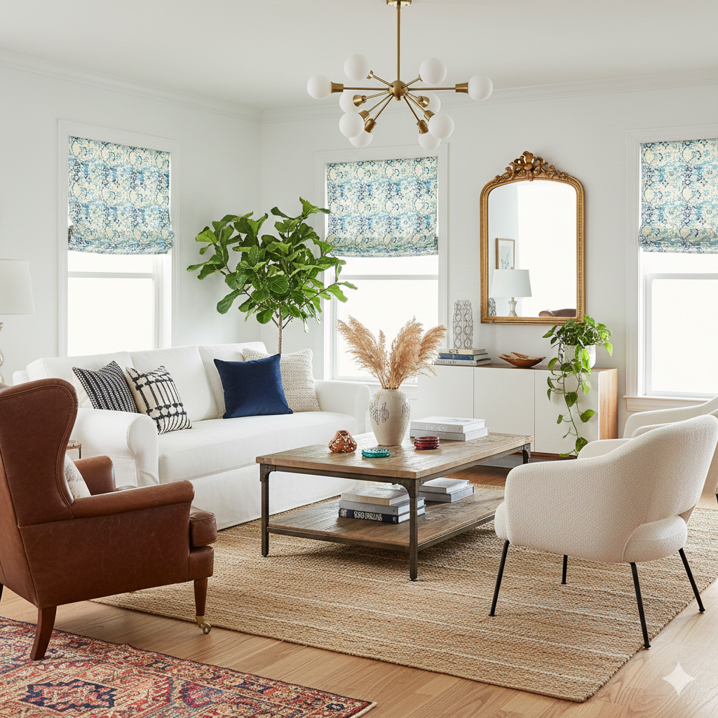 Living room with Blue and white patterned linen relaxed roman shade, white sofa, brown armchair, and white chair, featuring a coffee table and decorative items.