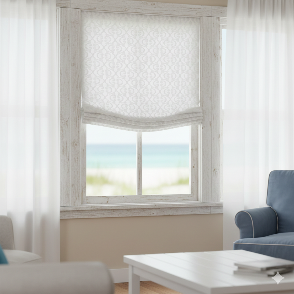 Living room with a window featuring a patterned damask white linen flat roman shade, light-colored walls, and a blue armchair.