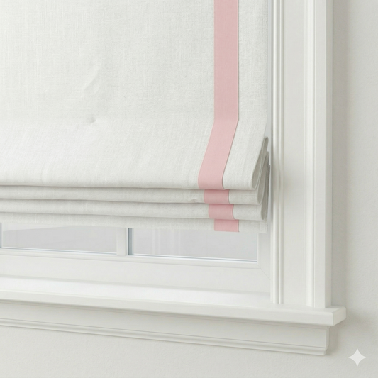 White Linen Flat Roman Shade with Pink Decorative Trims | CL1010