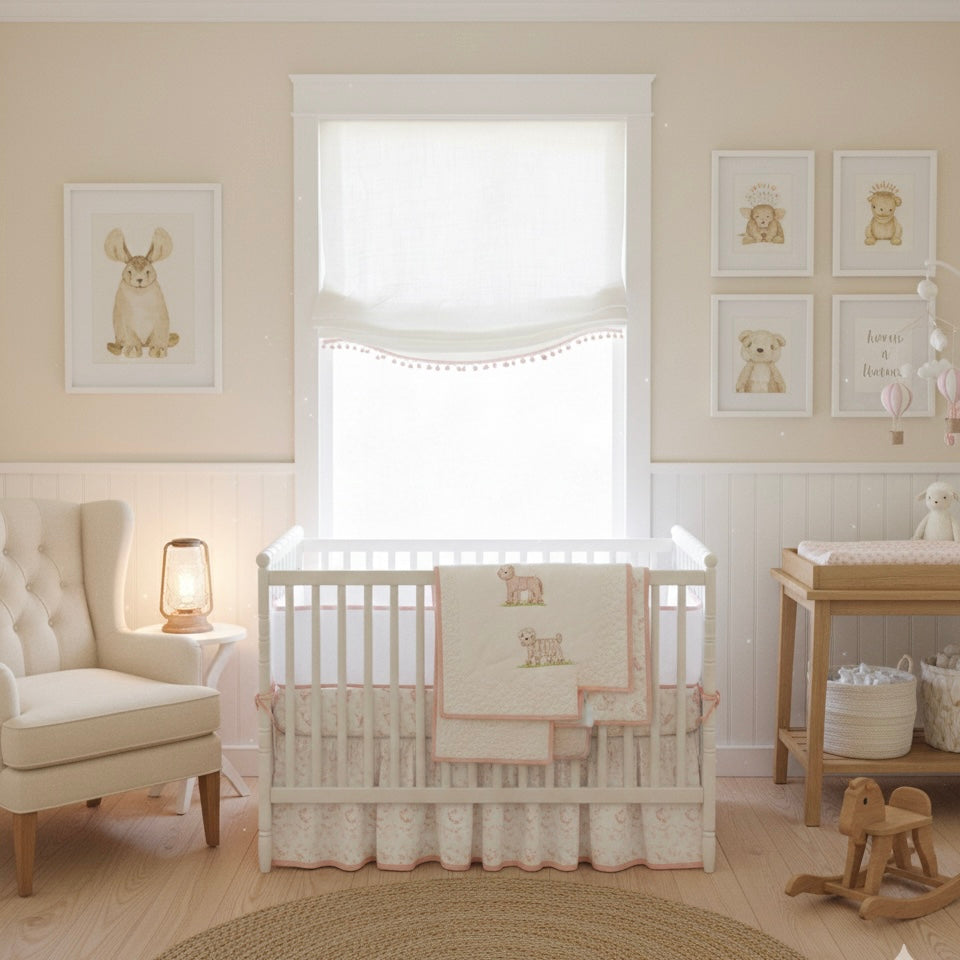 Nursery room with a crib, chair, and decor elements.