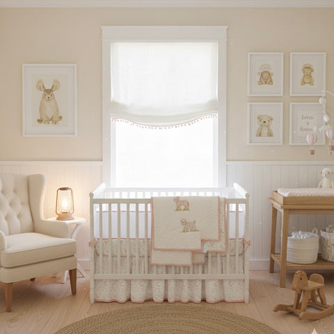 Nursery room with a crib, chair, and decor elements.