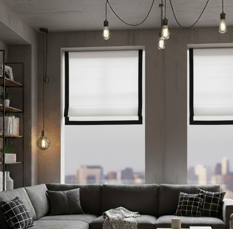 100% White Natural Linen Flat Roman Shade with Black Trim/CL1010 - Classic & Modern Home