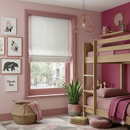 White Linen Flat Roman Shade with Pink Decorative Trims, CL1010