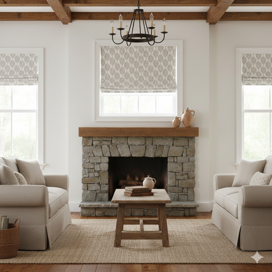 Living room with Damask floral cotton duct flat roman shade, stone fireplace, beige sofas, and wooden coffee table.