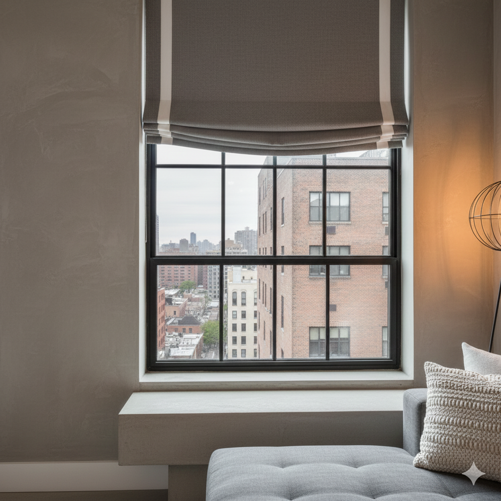 Dark Gray 100% natural Linen Custom Modern Flat Roman Shade with White Decorative Trims/CL1010 - Classic & Modern Home