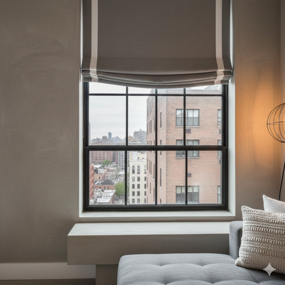 Dark Gray 100% natural Linen Custom Modern Flat Roman Shade with White Decorative Trims/CL1010 - Classic & Modern Home