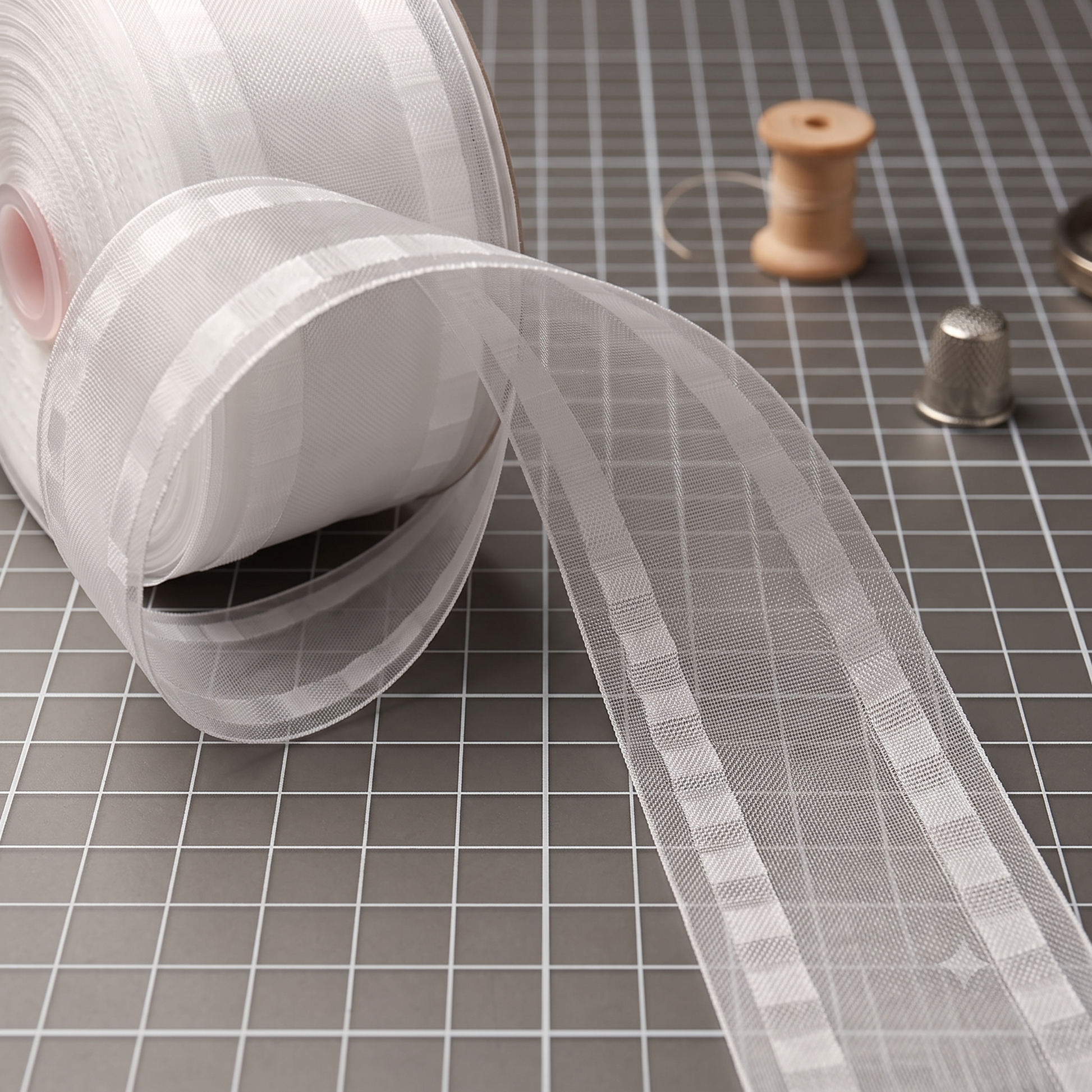 A roll of sheer white mesh ribbon with a grid pattern, unspooled onto a gray gridded cutting mat next to a wooden spool and metal thimble.