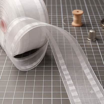 A roll of sheer white mesh ribbon with a grid pattern, unspooled onto a gray gridded cutting mat next to a wooden spool and metal thimble.
