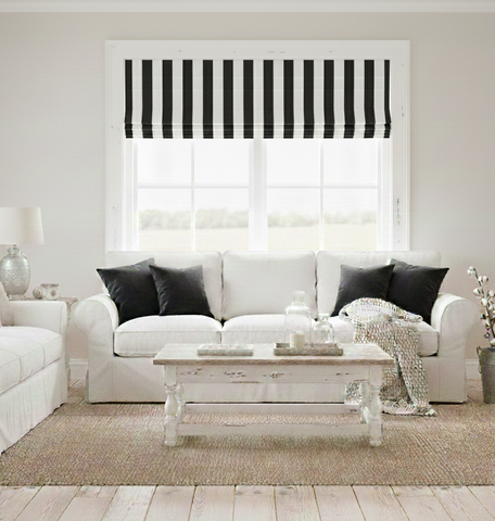 White & Dark Gray 5" Striped 100% Natural Linen Flat Roman Shade/CL1026