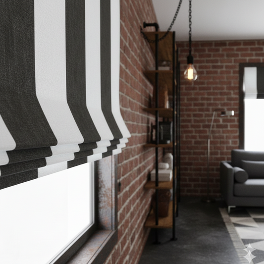 Smoke Grey and white striped roman blinds in a room with brick walls and a gray sofa.