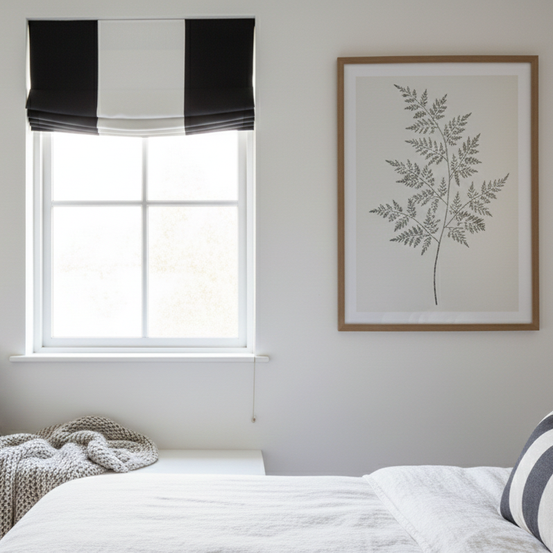 Black & White Two-Tone Natural Linen Relaxed Roman Shade / CL1010