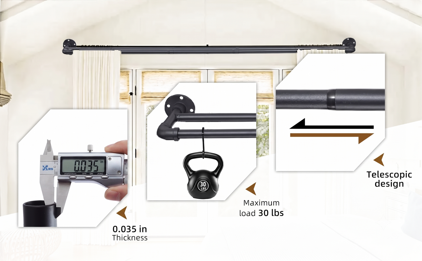 Heavy Duty 1-Inch Industrial Black Double Curtain Rod Set for Windows, Adjustable Telescoping Pipe rod | CH1014