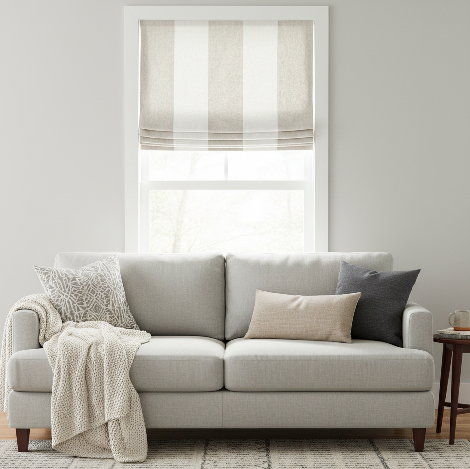 Beige Oatmeal White Gray 100% Linen Wide Stripe Flat Roman Shade / CL1026 - Classic & Modern Home