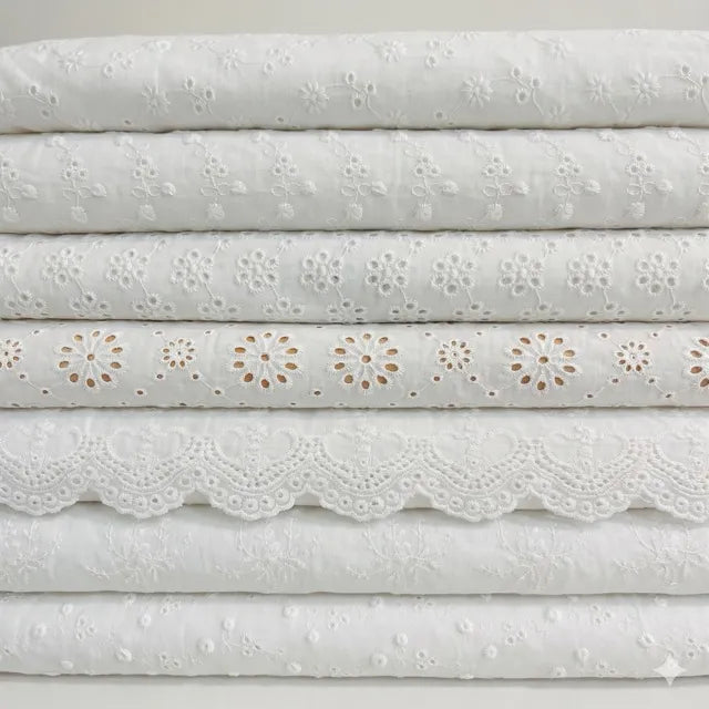 Premium White Floral Embroidery Cotton Fabric, CL1010